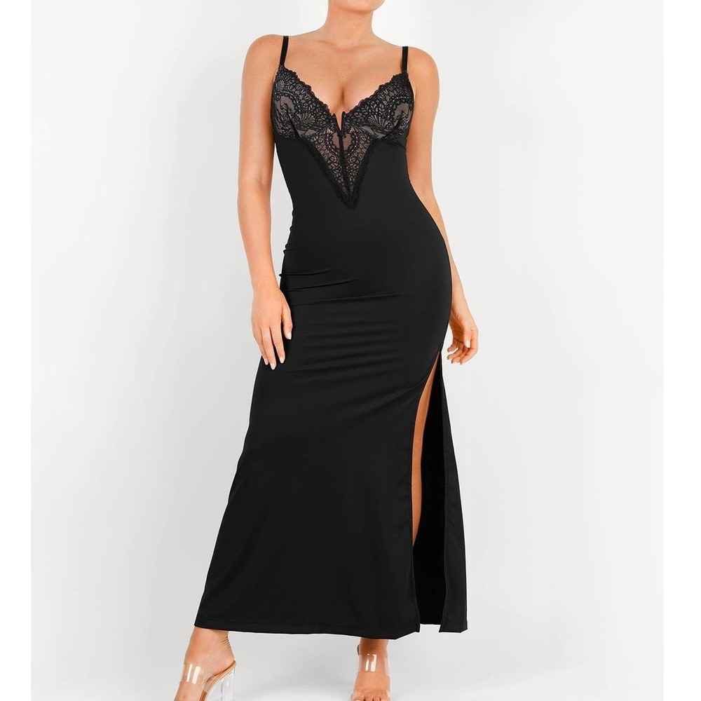 Popilush Black Shapewear Maxi  Dress‎ Side Slit V-Neck